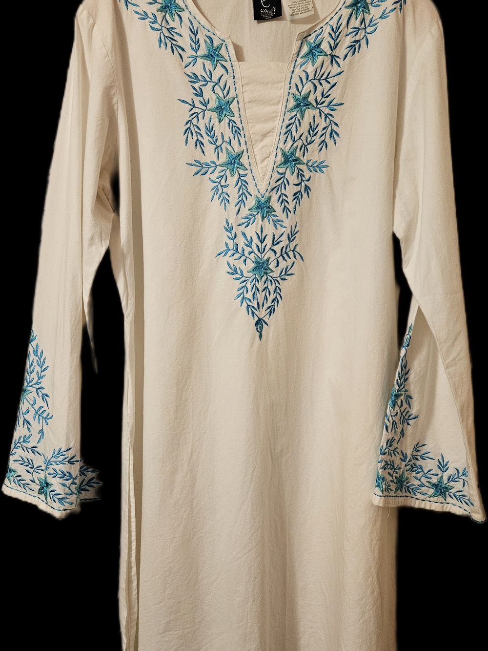 White Embroidered Tunic with Teal Floral Accent - Picture 7 of 11